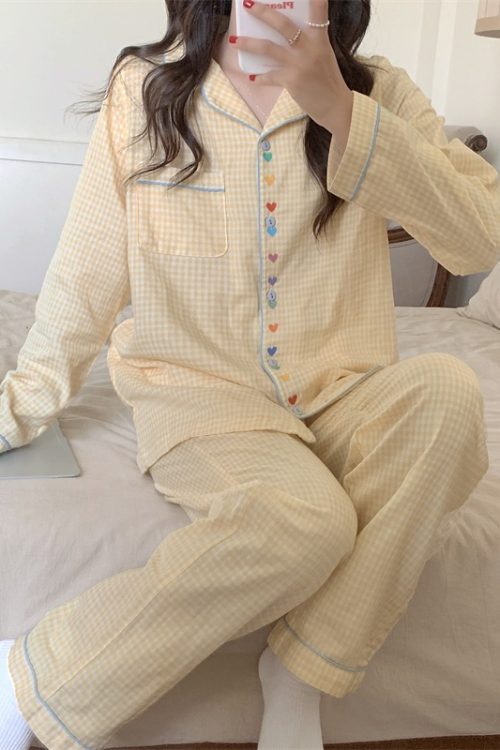 Milk Yellow Plaid Heart Long-sleeved Pajamas