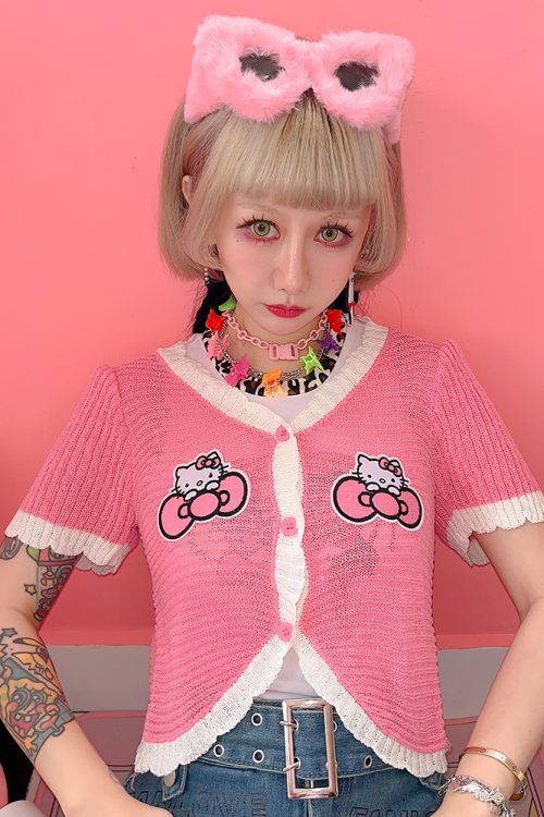 Sweet Cartoon Cat Embroidery Knitted Cardigan