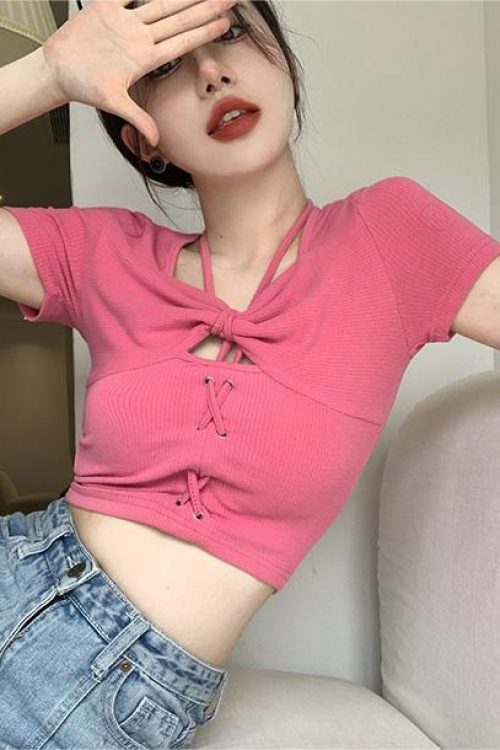 Slim-fit Bowknot Cutout Short-sleeved Top