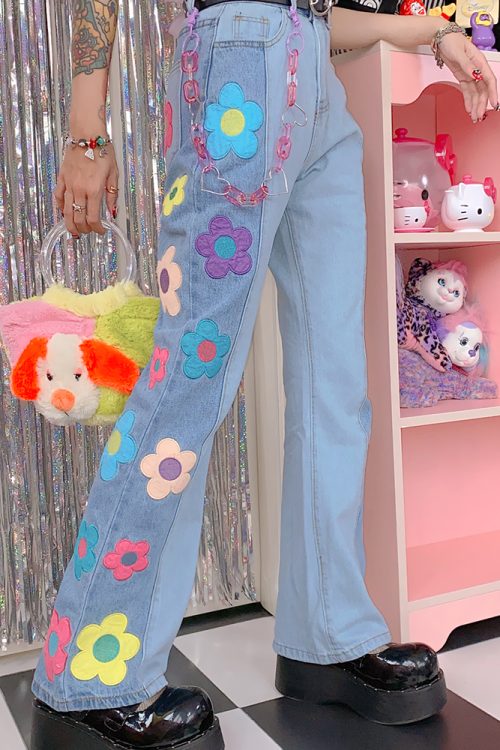 Flower Y2k Color Contrast Sweet Flared Trousers Jeans