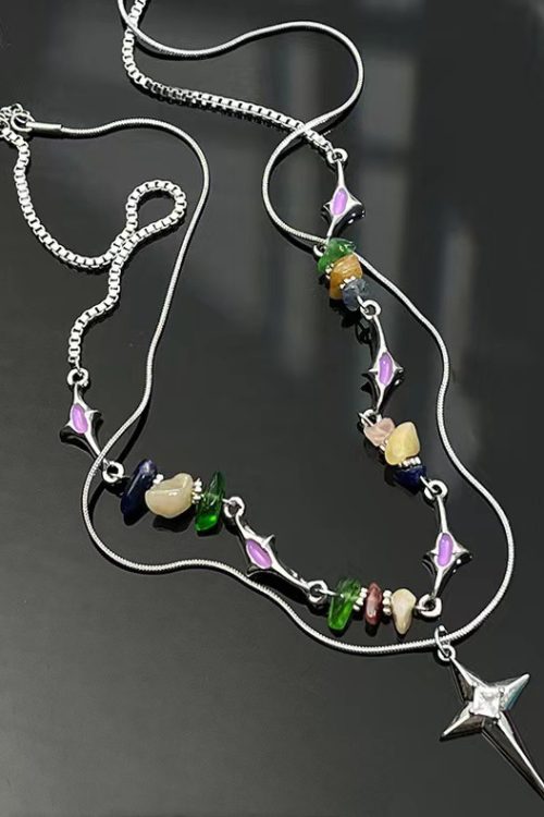 Niche Design Colorful Gravel Beaded Star Double Layer Necklace Bone Necklace