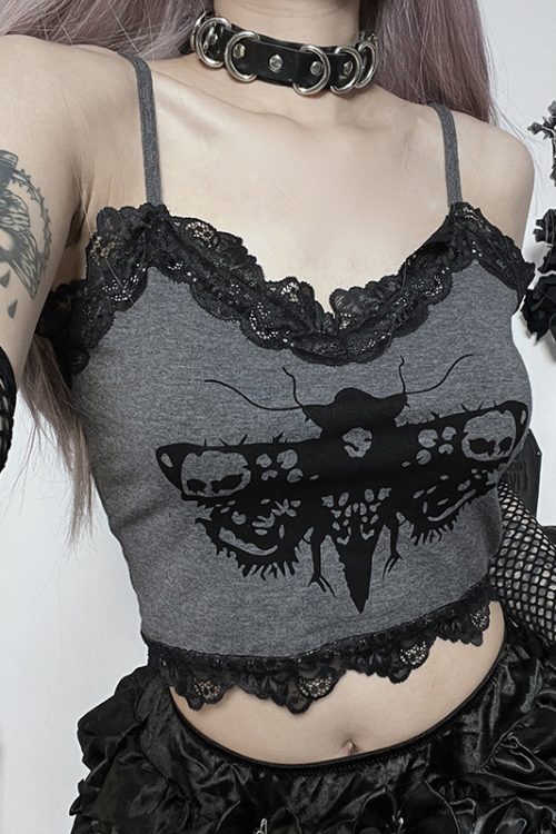 Lace-Paneled Strappy Moth-Print Top