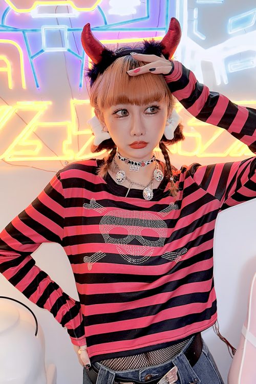 Harajuku Y2K striped punk trendy long-sleeved top T-shirt