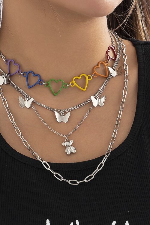 【4pcs】Y2K Ancient Punk Butterfly Bear Colorful Heart Necklace