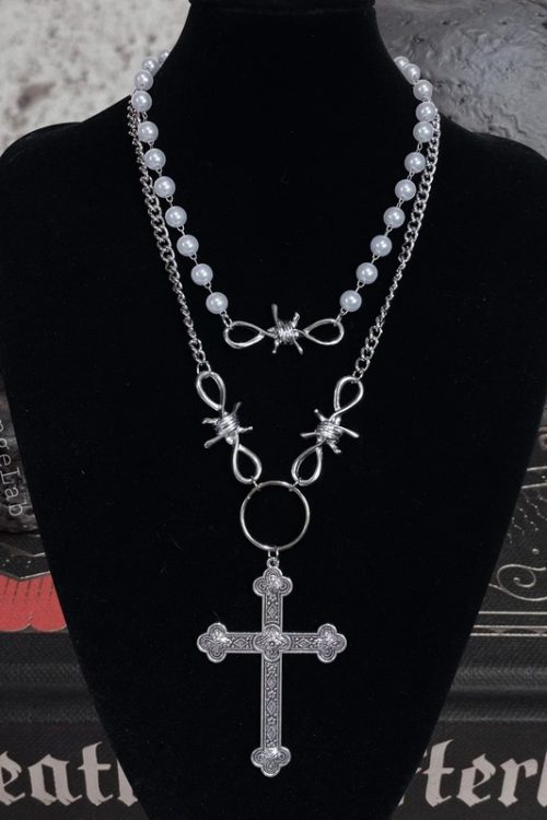 【2pcs set】Black Feather Angel Retro Cross Pearl Necklace