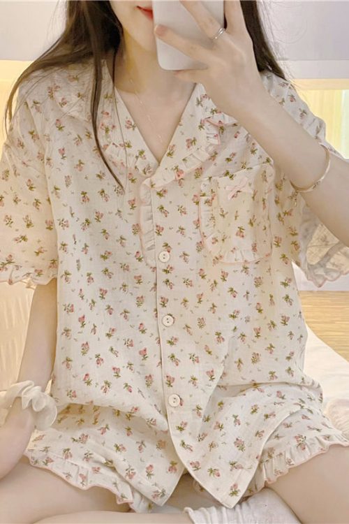 Lovely Floral Lapel Cotton Pajamas